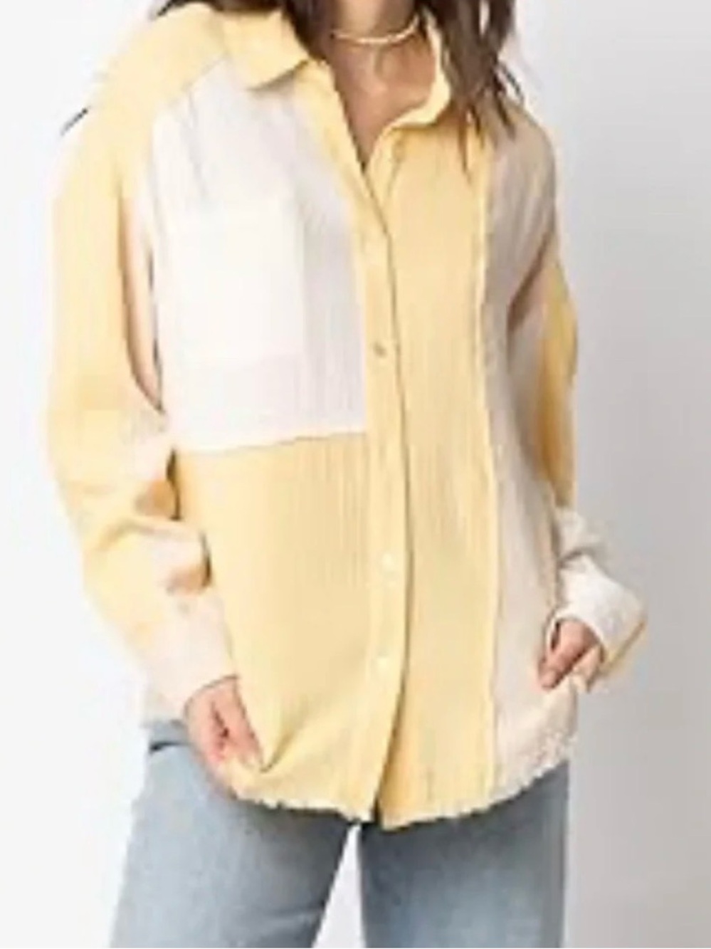 Cotton Colorblock Button-Up Shirt in Pale Yellow & Cream M